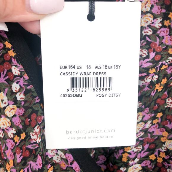 BARDOT JUNIOR Girls Cassidy Wrap Dress Size 18 Black Pink Floral Long Sleeve NWT - Picture 8 of 12